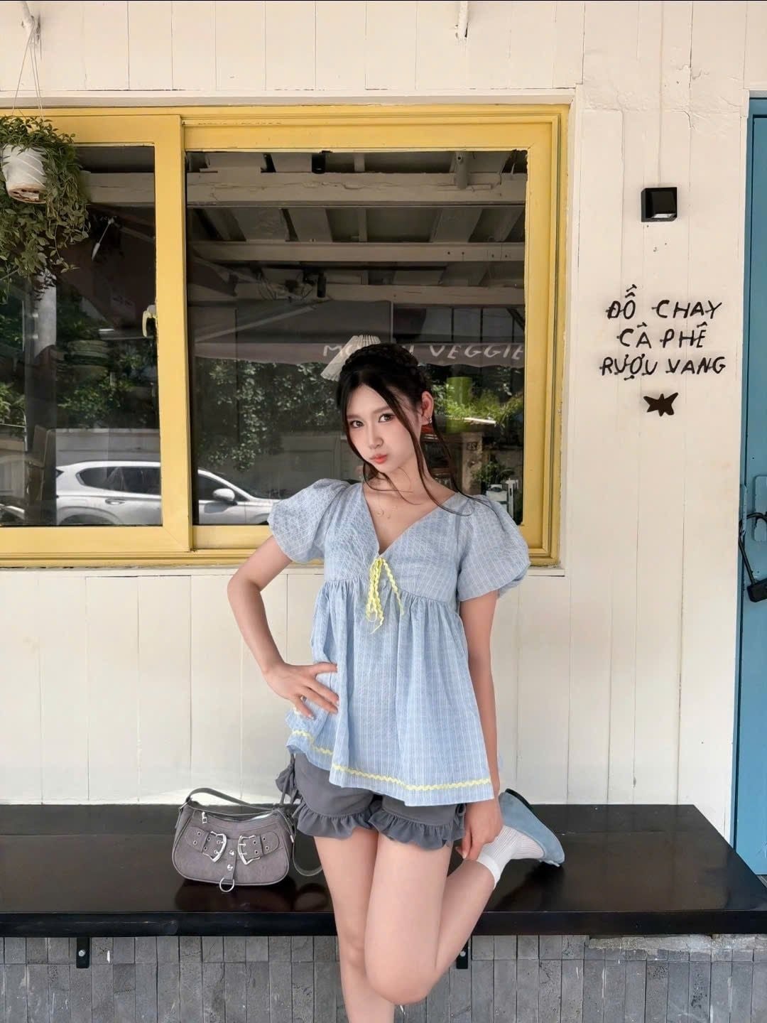 Áo babydoll Butter V Neck Puff Sleeve Babydoll Top nhiều màu