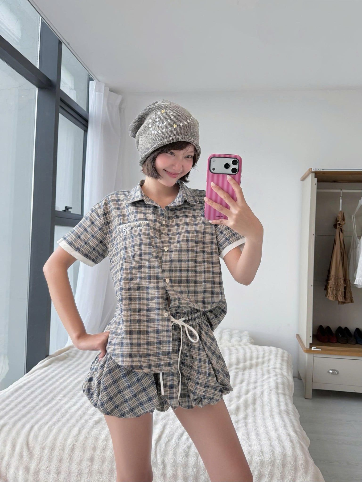 Set sơ mi caro ngắn Gray Checked Buttoned Loose