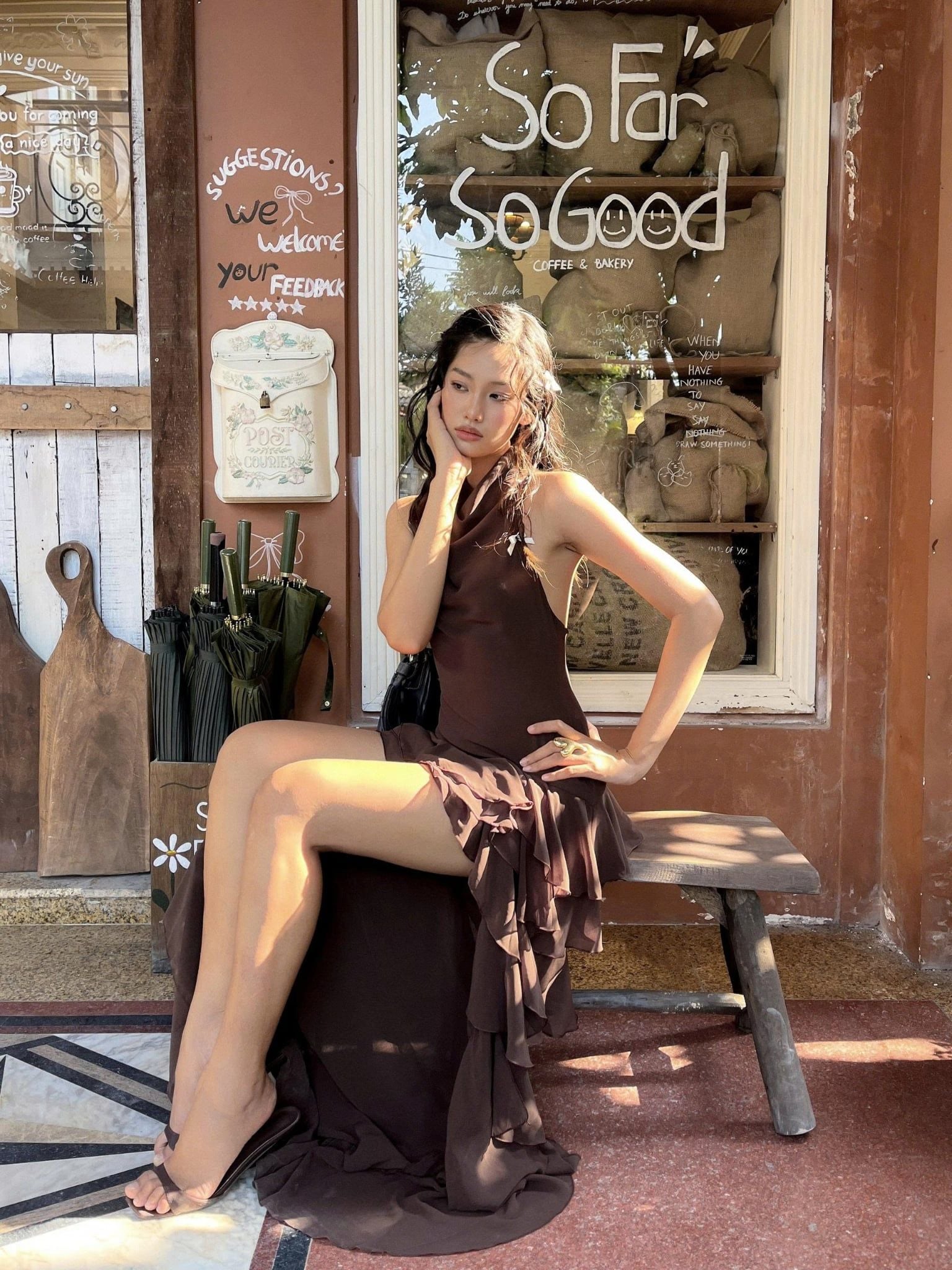 Váy maxi dáng yếm Brown Sheer Ruffle High Low Maxi Dress