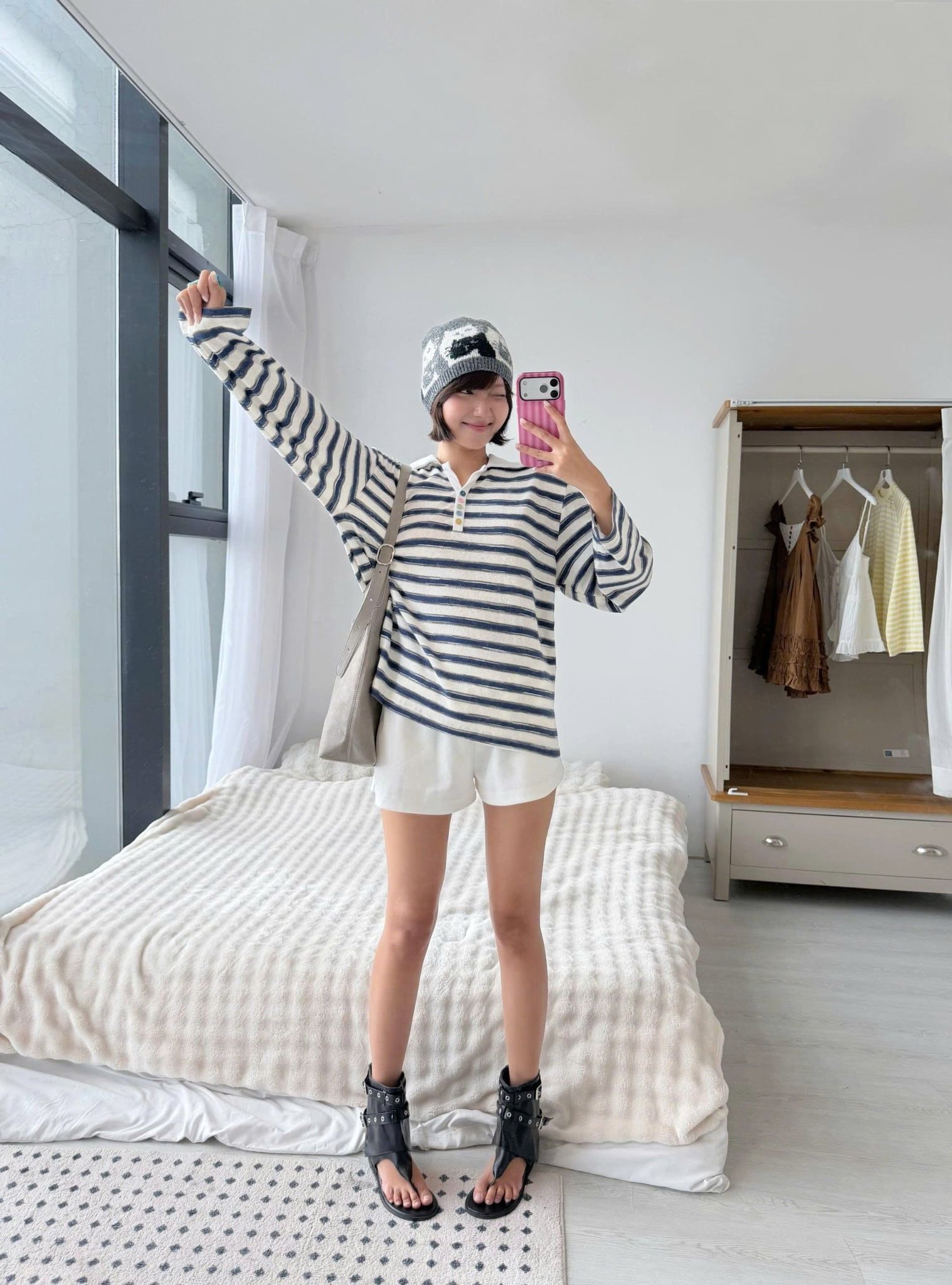 Áo thun tay dài Navy Cotton Striped Oversized Polo Top