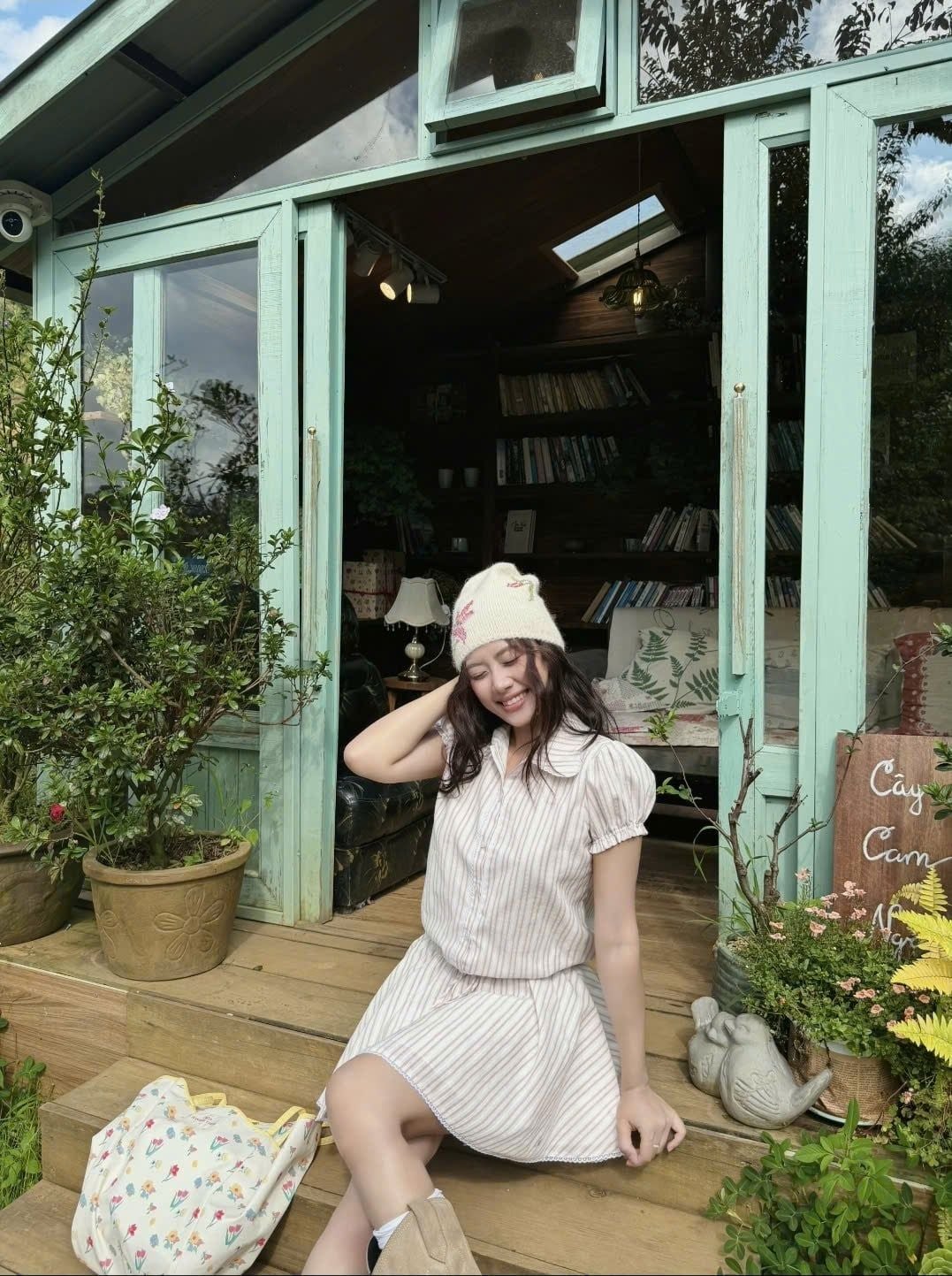 Set sọc thanh lịch Blush Cotton Striped Puff Dress