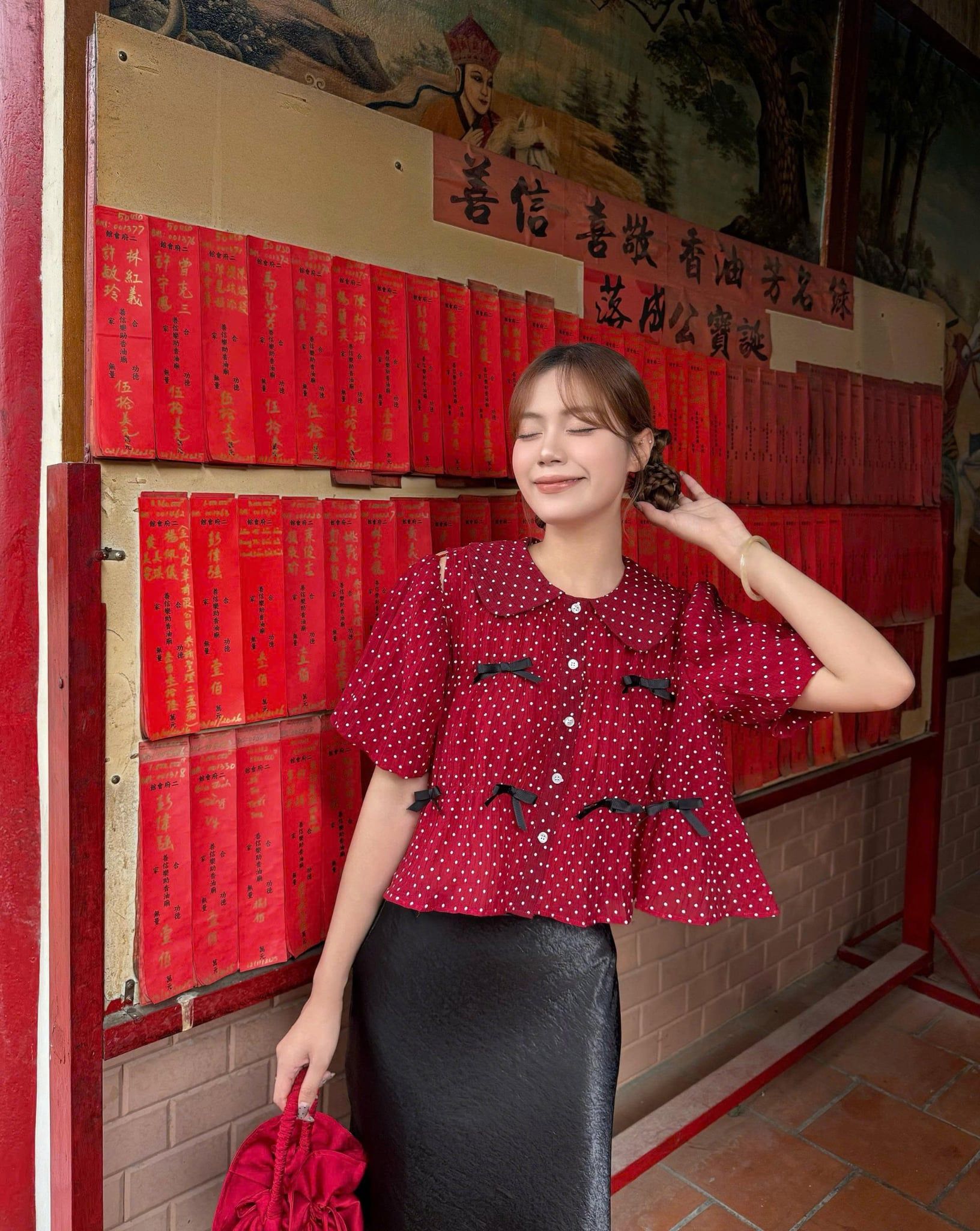 Áo babydoll phối nơ Striped Puff Sleeve Shirt nhiều màu