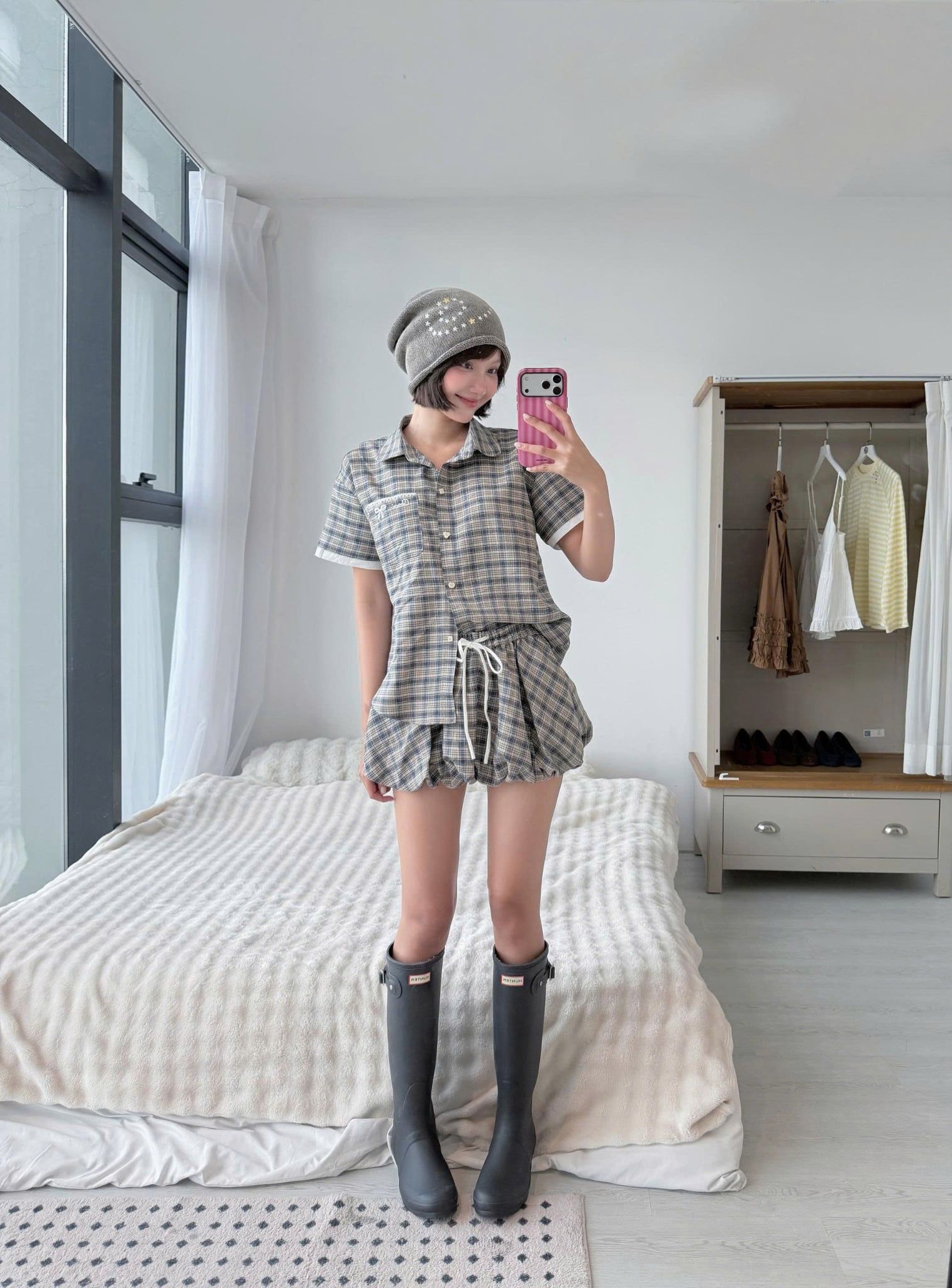 Set sơ mi caro ngắn Gray Checked Buttoned Loose