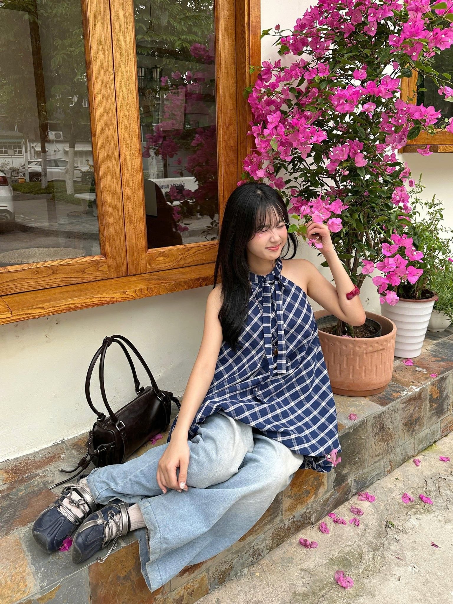 Váy cổ yếm kẻ caro Blue Checked Halter Neck Puff Mini Dress