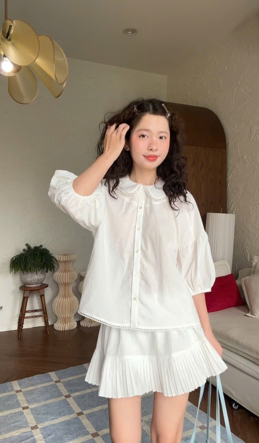 Set áo babydoll và chân váy Striped Ruffled Puff Sleeve Set nhiều màu