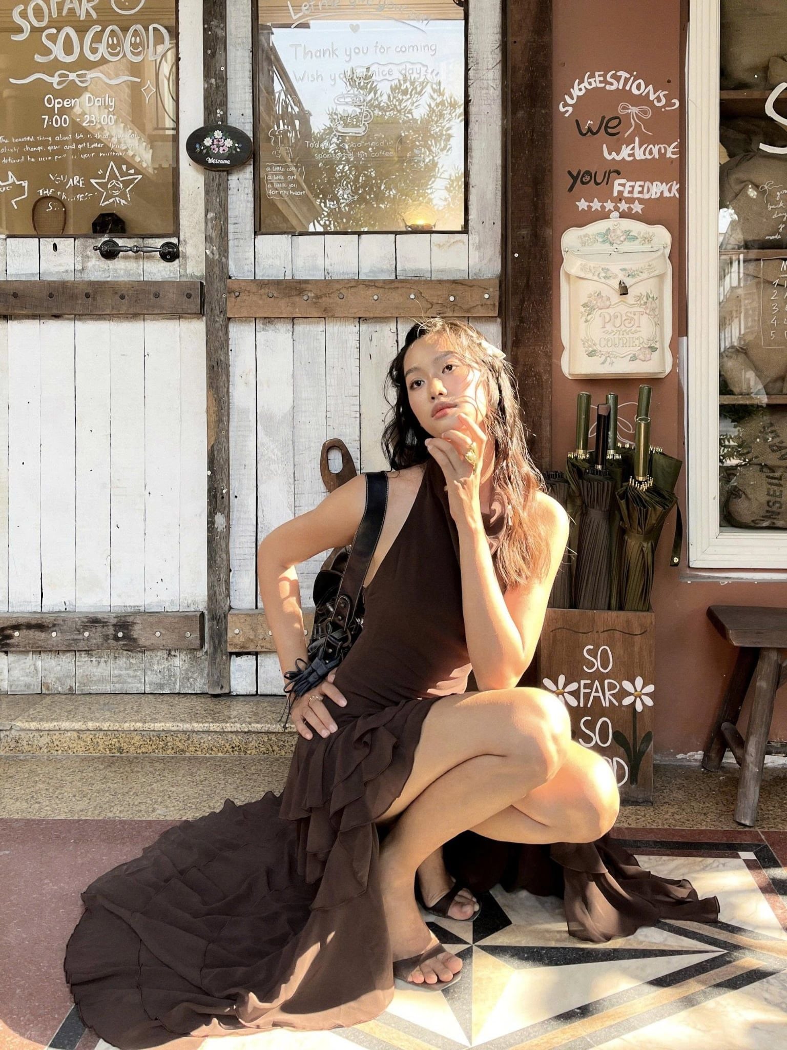Váy maxi dáng yếm Brown Sheer Ruffle High Low Maxi Dress