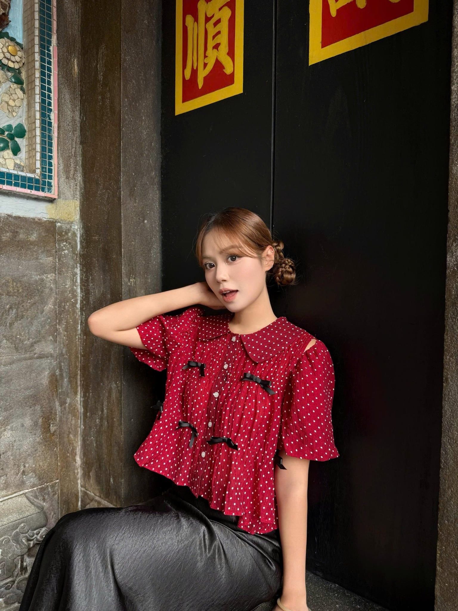 Áo babydoll phối nơ Striped Puff Sleeve Shirt nhiều màu
