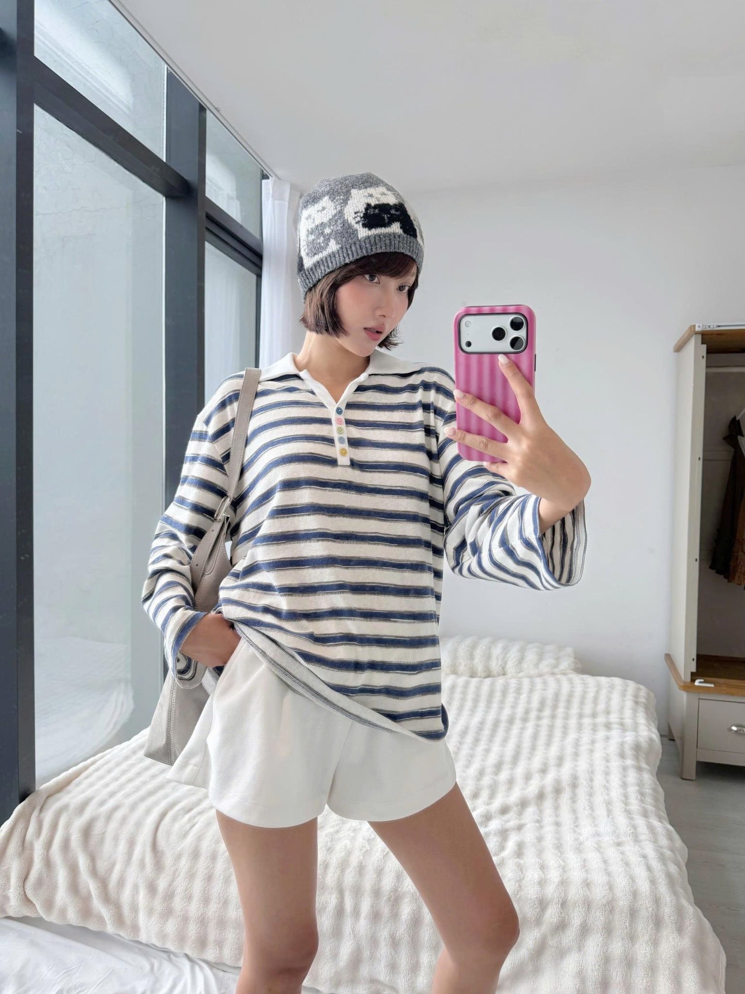 Áo thun tay dài Navy Cotton Striped Oversized Polo Top