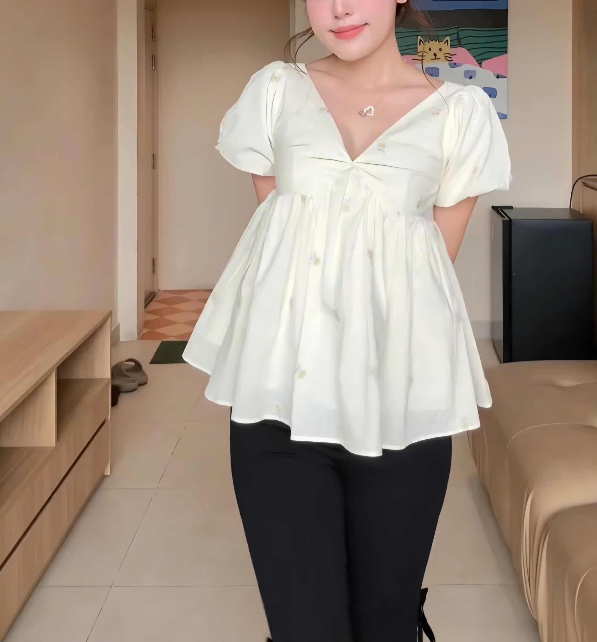 Áo babydoll Butter V Neck Puff Sleeve Babydoll Top nhiều màu