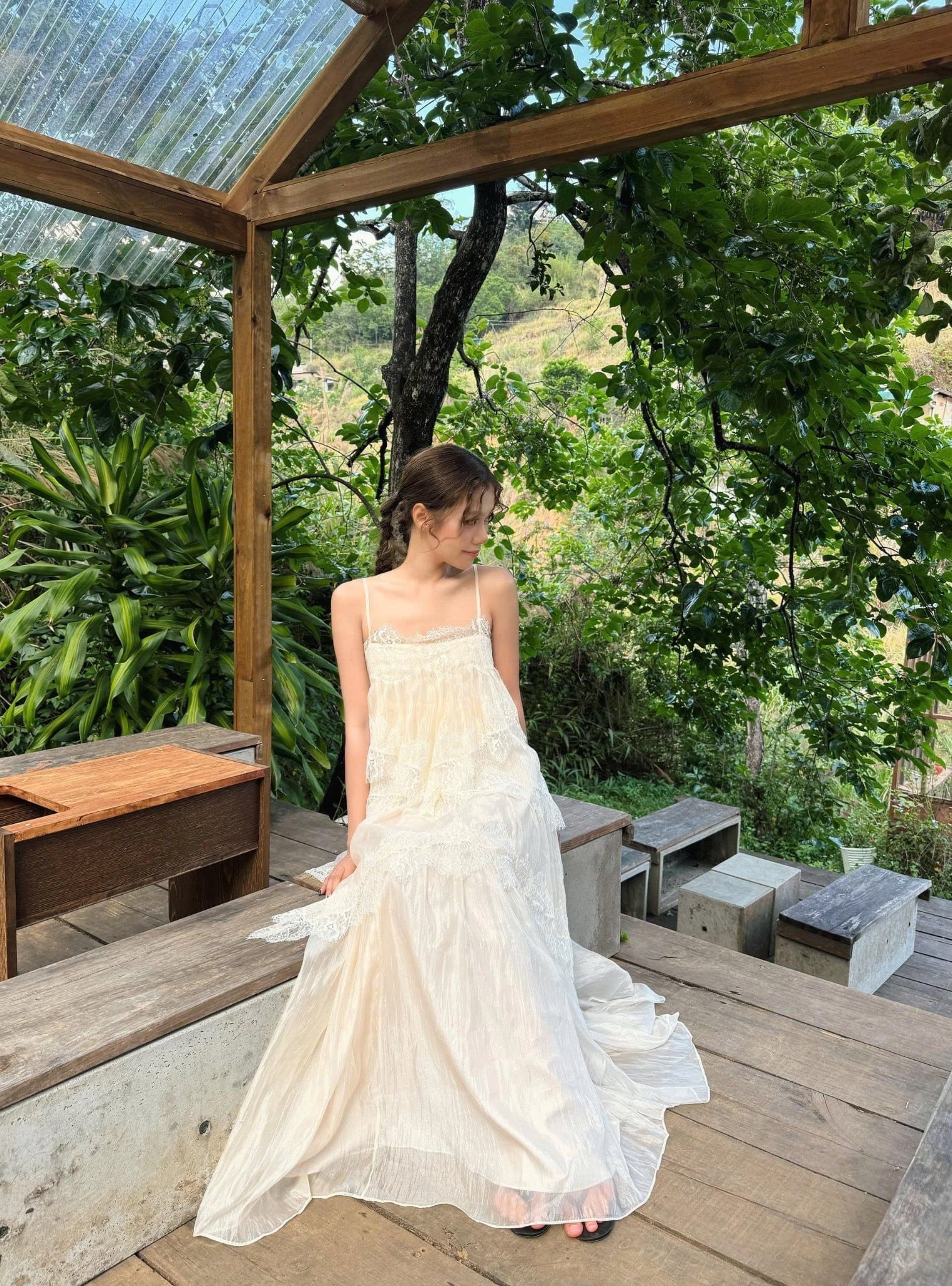 Váy maxi 2 dây Lace Chiffon Tiered Layered Maxi Dress nhiều màu