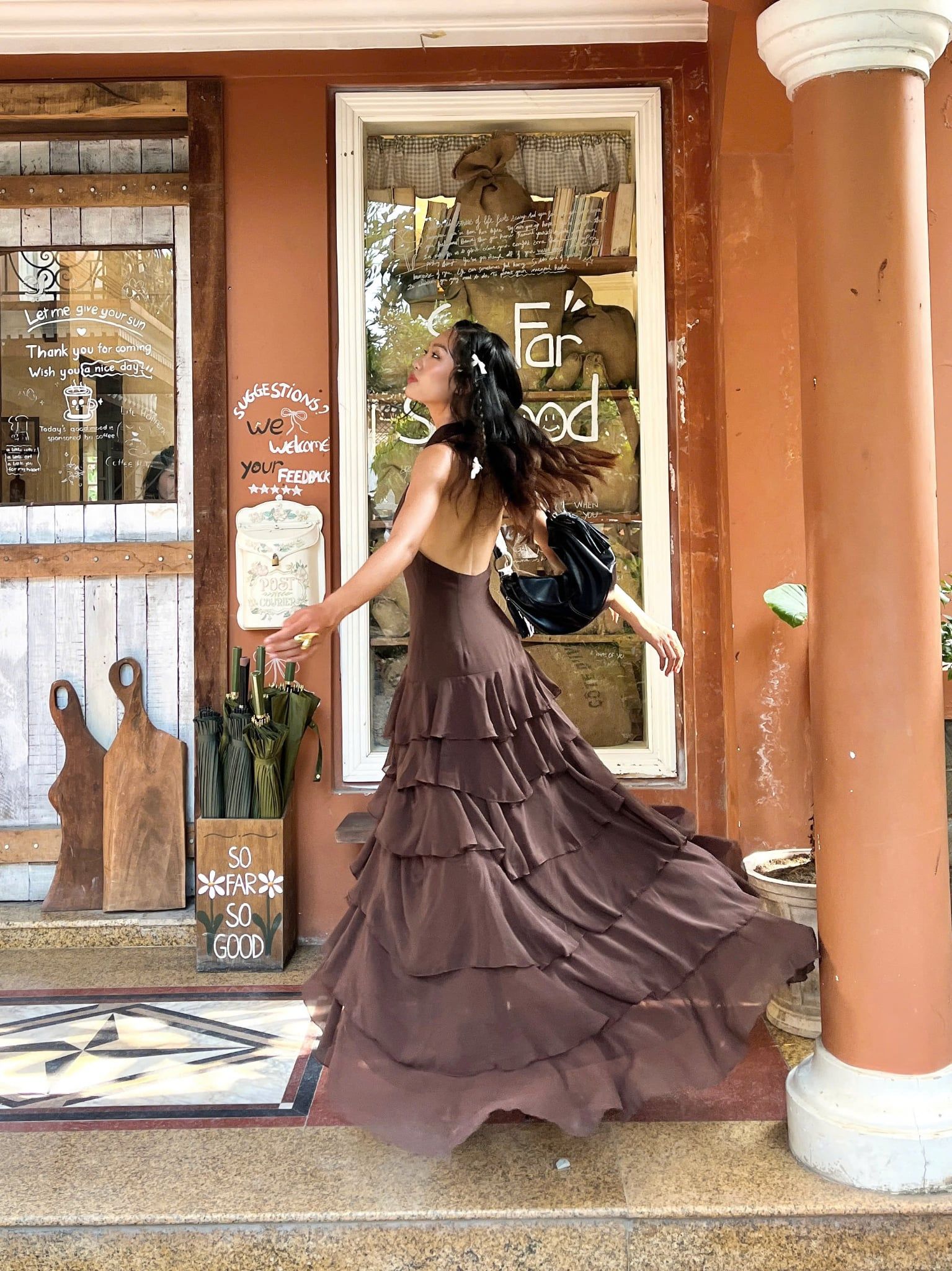 Váy maxi dáng yếm Brown Sheer Ruffle High Low Maxi Dress