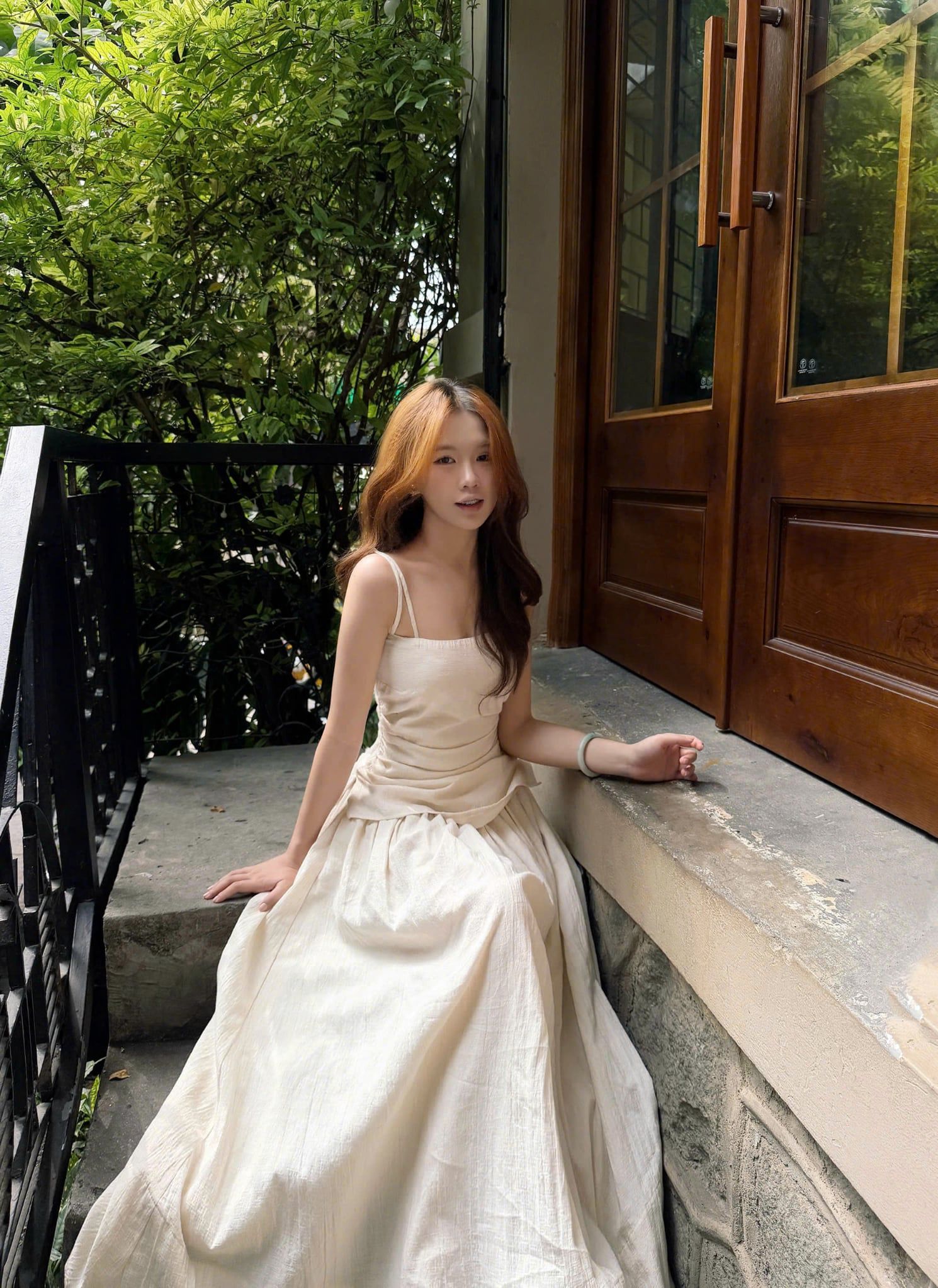 Cream Linen Strappy Ruched Dress