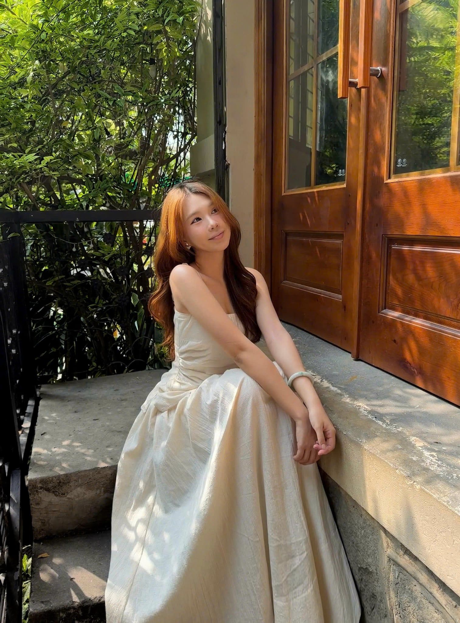 Cream Linen Strappy Ruched Dress