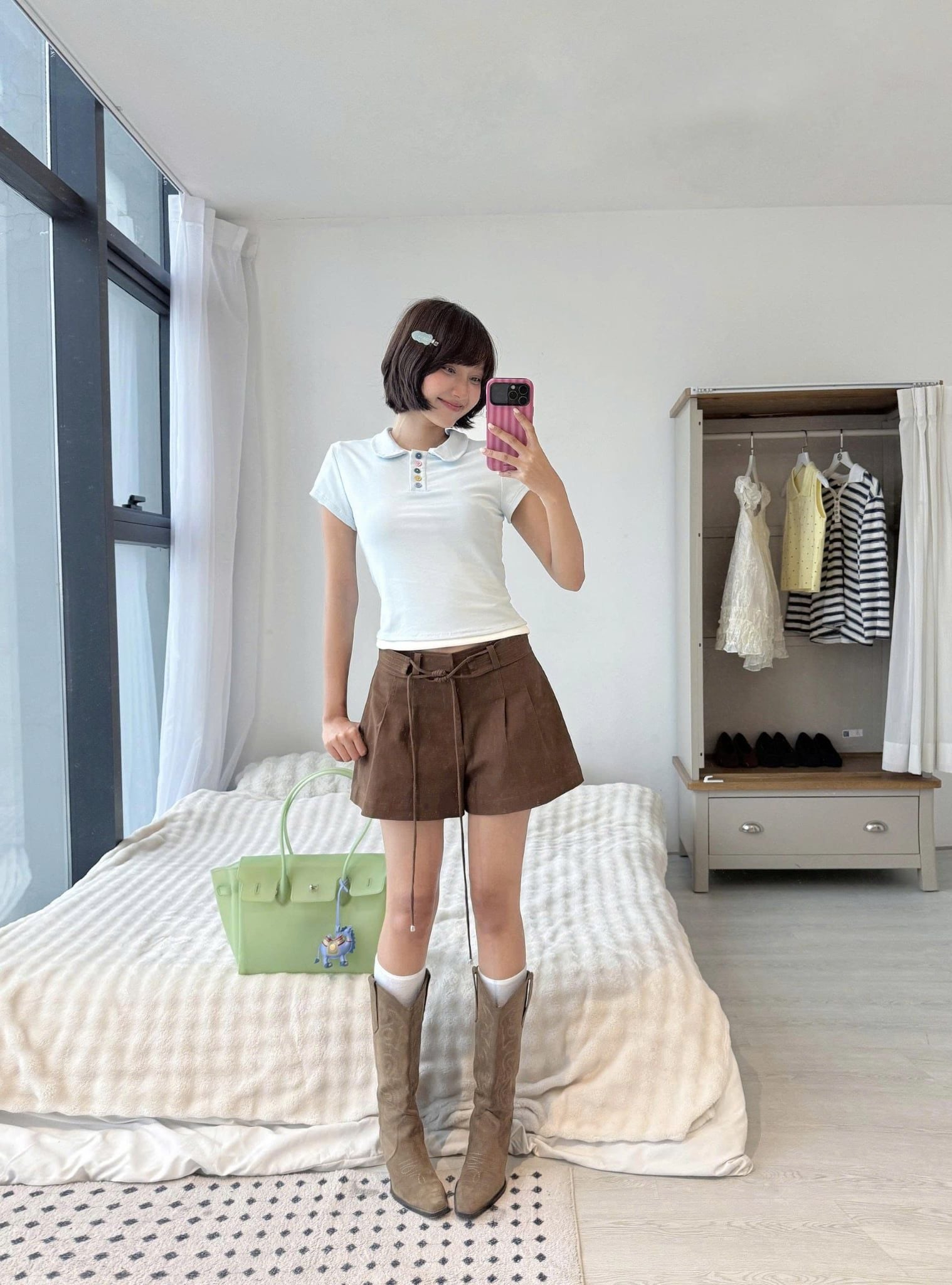 Áo thun polo Blue Cotton Short Sleeves Collar Top