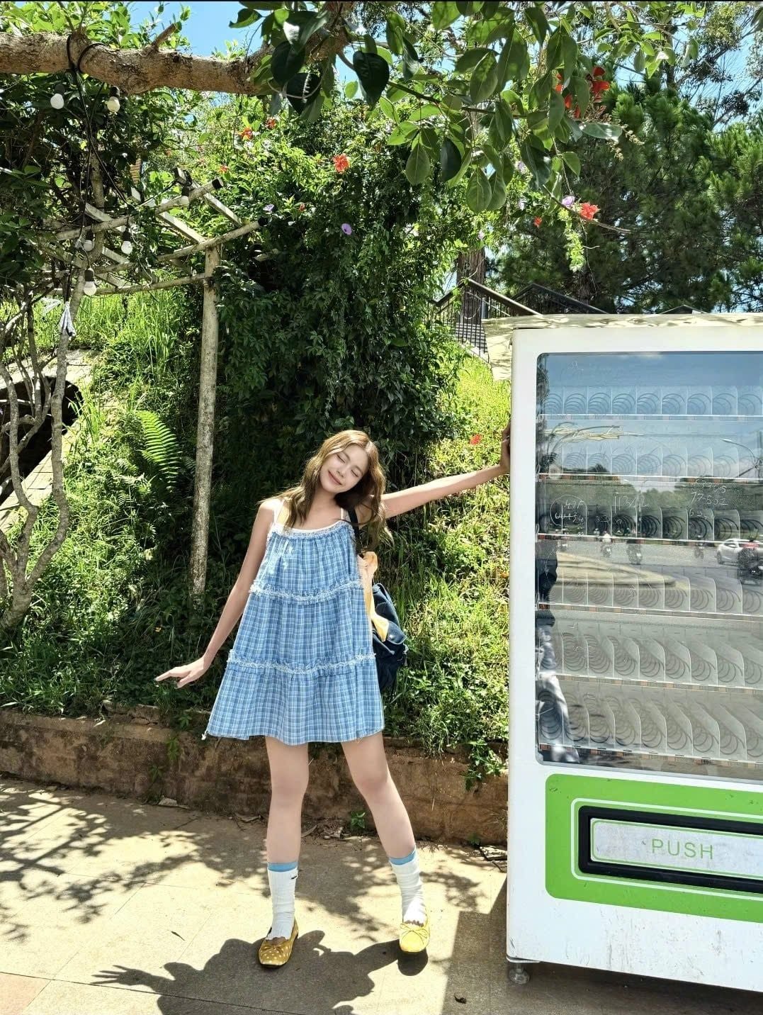 Váy hai dây caro nhún bèo Blue Plaid Kate Layered Mini Dress