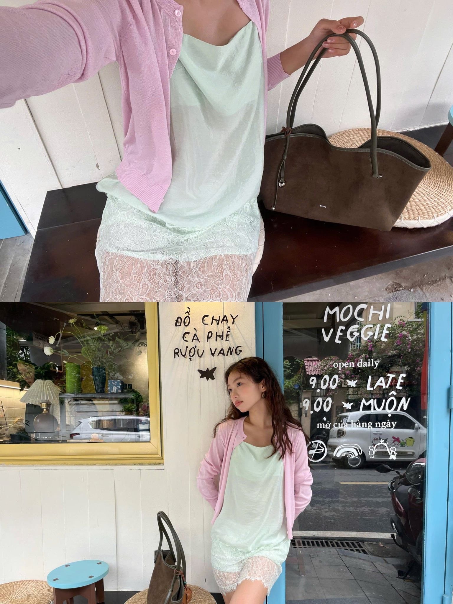 Váy lụa 2 dây Mint Silky Lace Hem Mini Dress