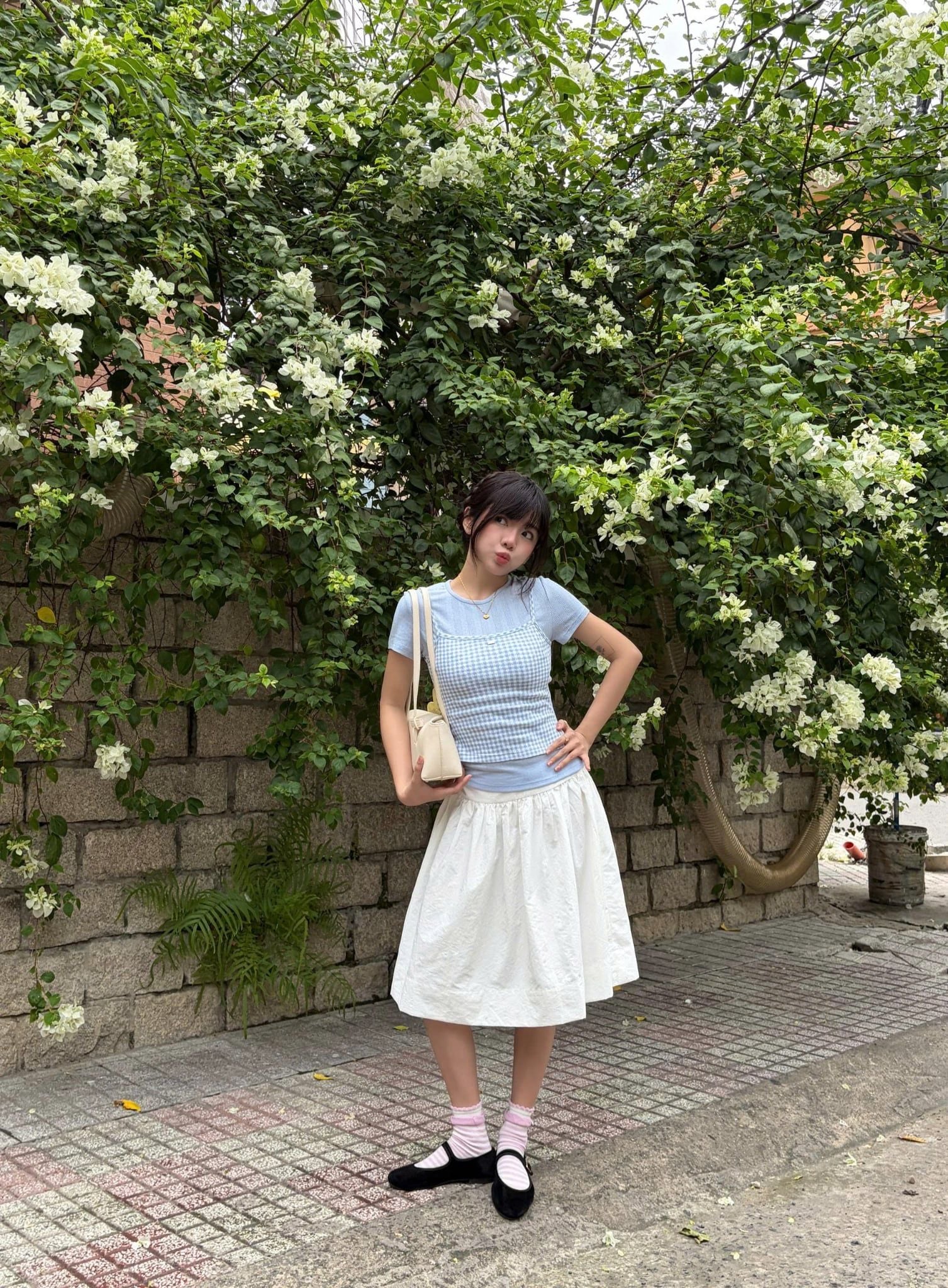 Áo thun ôm cổ tròn Blue Cotton Short Sleeves Top