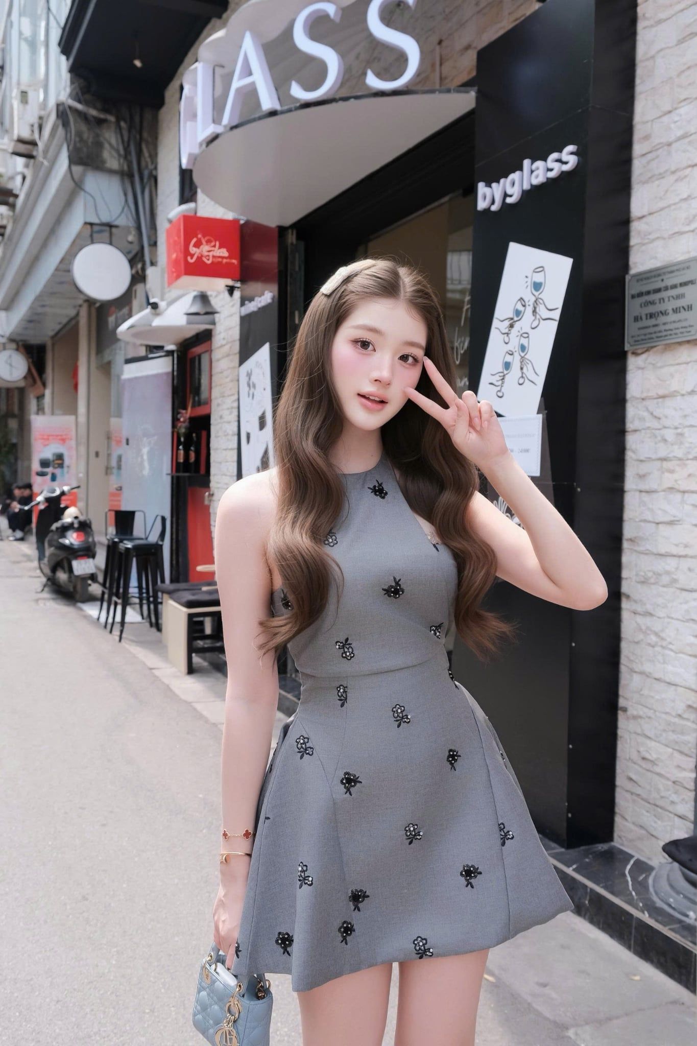 Váy tiệc mini cổ yếm Gray Embro Halter Mini Dress