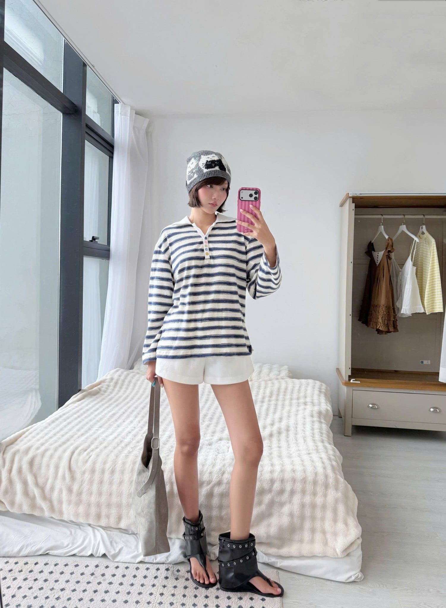 Áo thun tay dài Navy Cotton Striped Oversized Polo Top