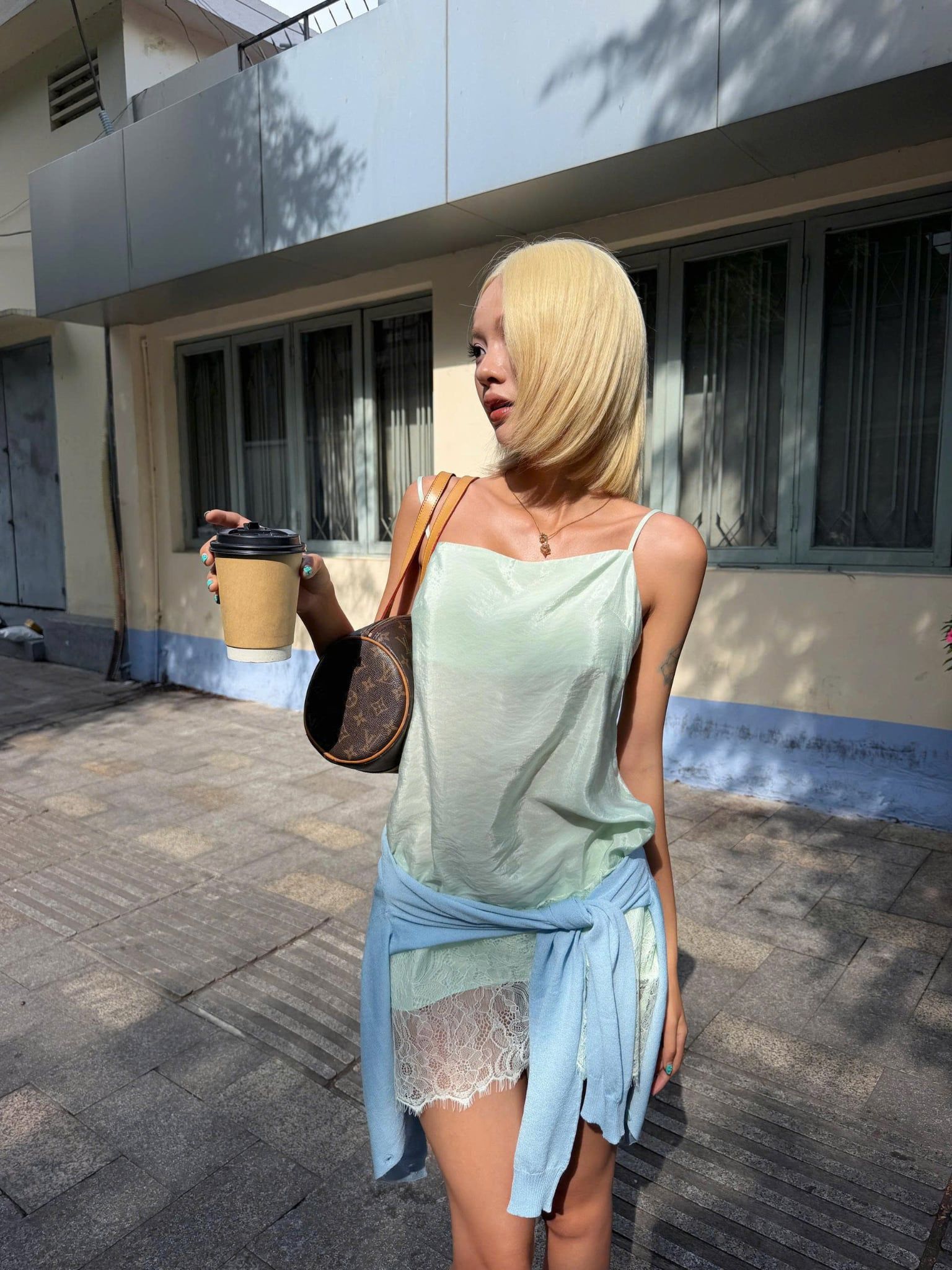 Váy lụa 2 dây Mint Silky Lace Hem Mini Dress