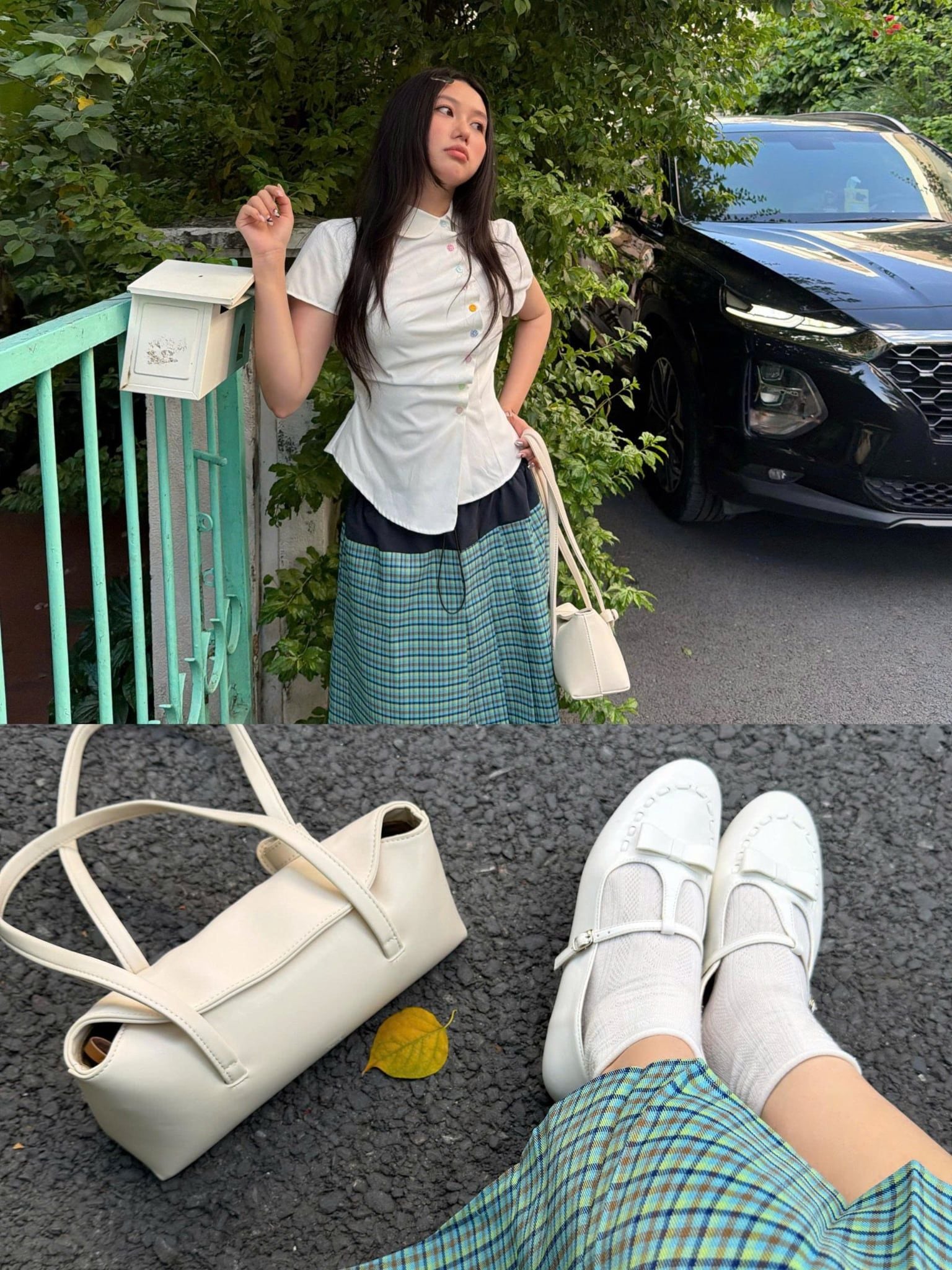 Áo kiểu sơ mi White Cotton Buttoned Collar Top