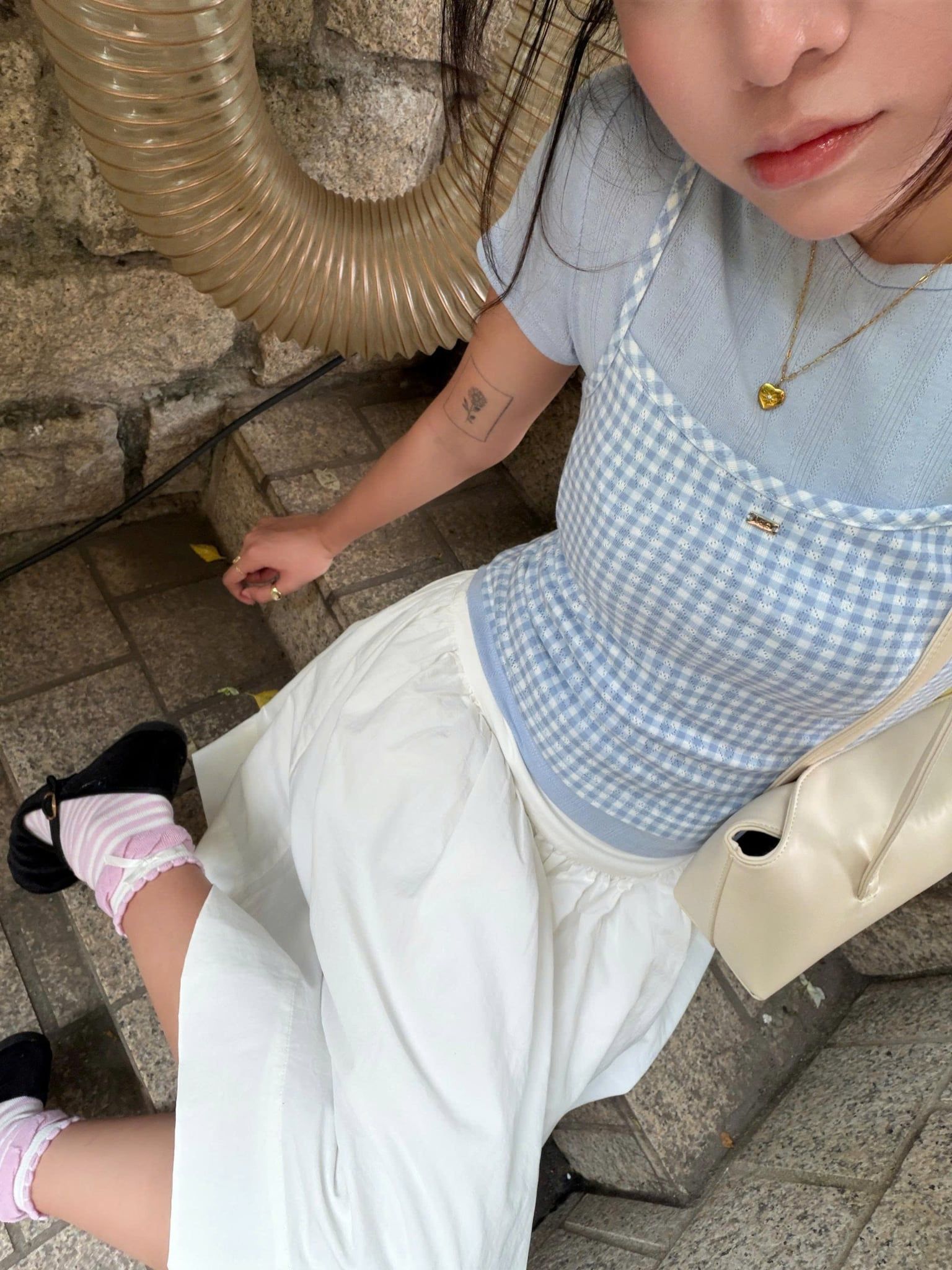 Áo thun ôm cổ tròn Blue Cotton Short Sleeves Top