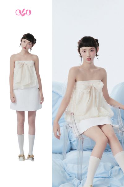  Áo Cream Bow Lace Puff Cup Top 