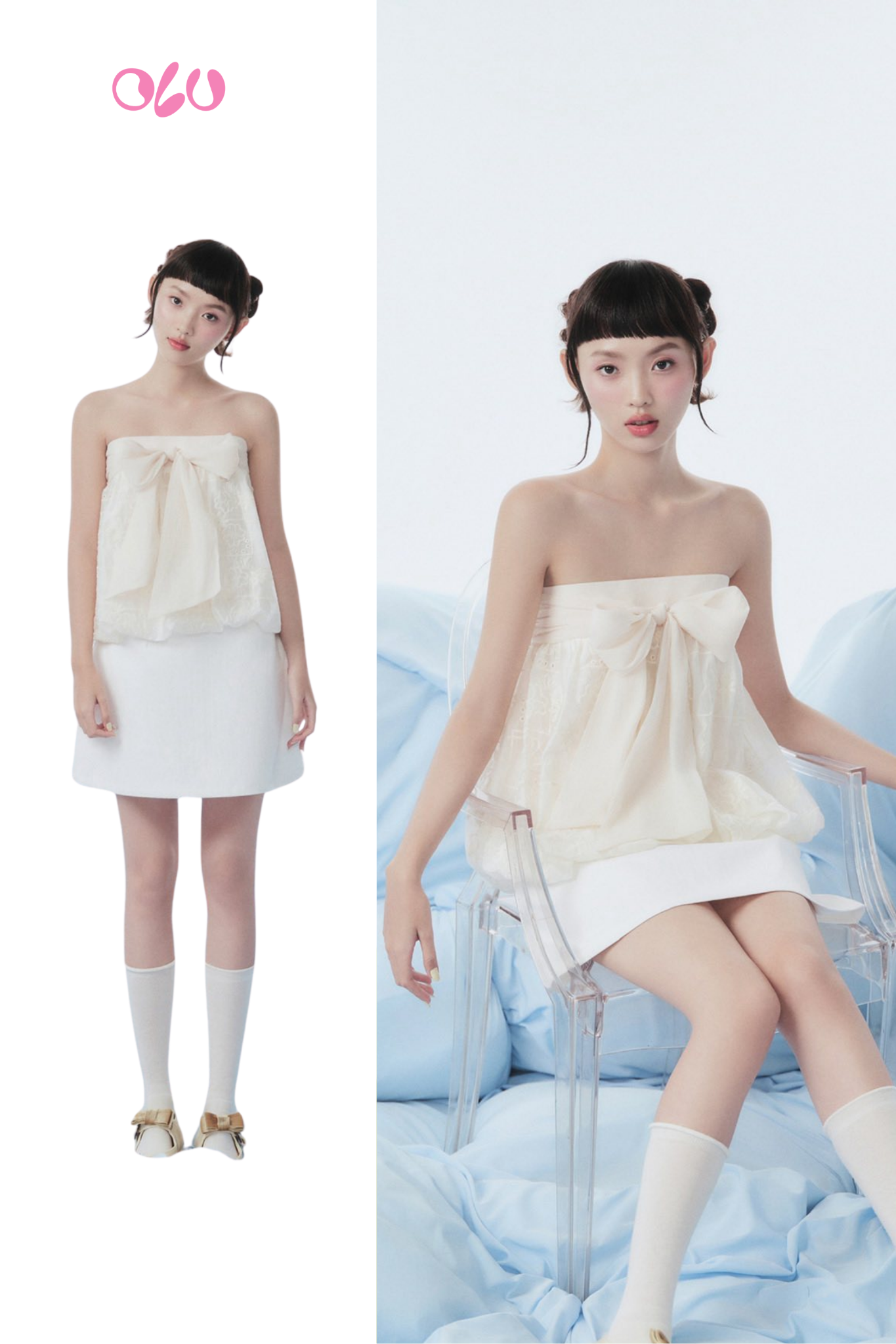 Áo Cream Bow Lace Puff Cup Top