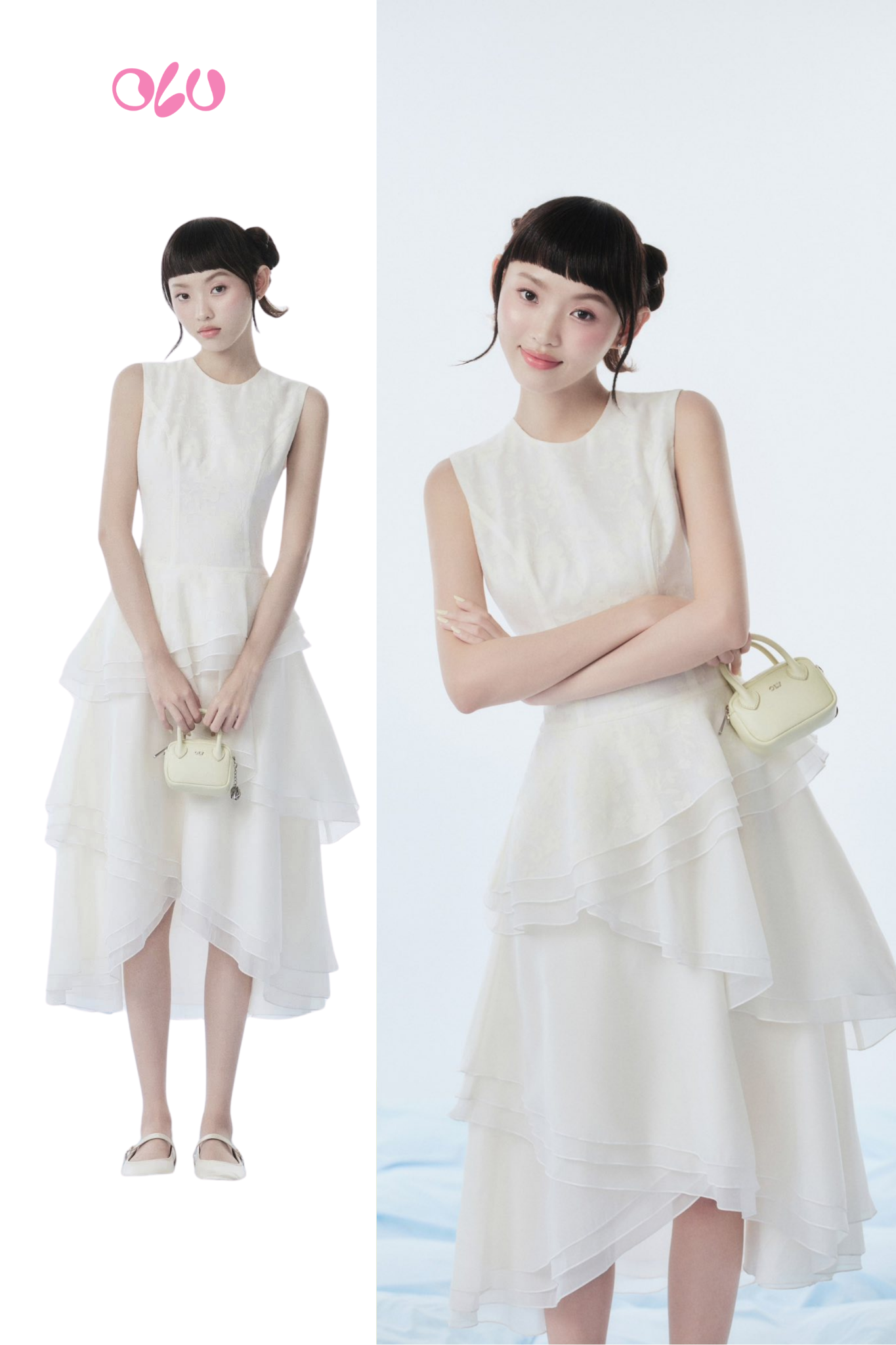 Ivory Chiffon Layered Fitted Waist Midi Dress