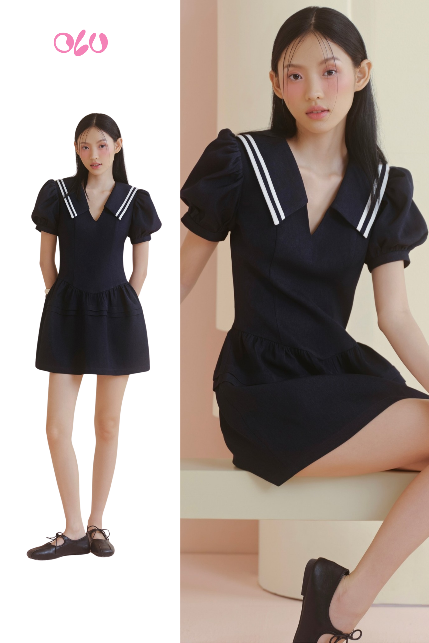 Navy Puff Sleeves Sailor Dress