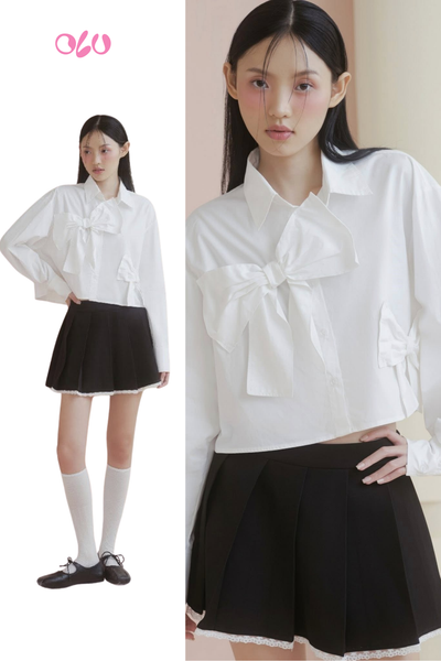  Chân váy Black Lace Trim Pleated Mini Skirt 