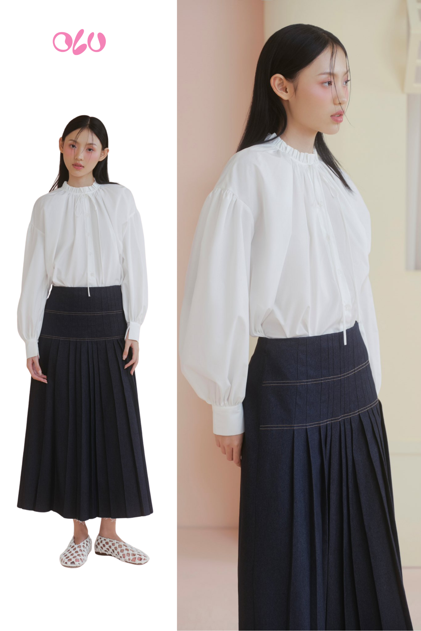 Áo White Cotton Ruffled Tie Neck Shirt