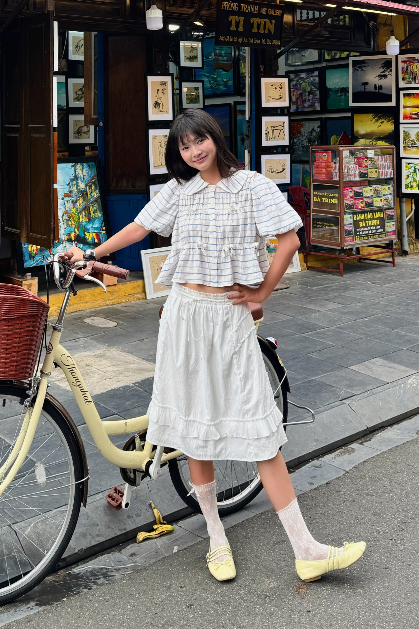 Áo babydoll phối nơ Striped Puff Sleeve Shirt nhiều màu