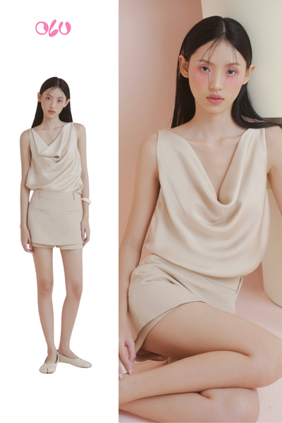  Áo Beige Satin Draped Cowl Top 