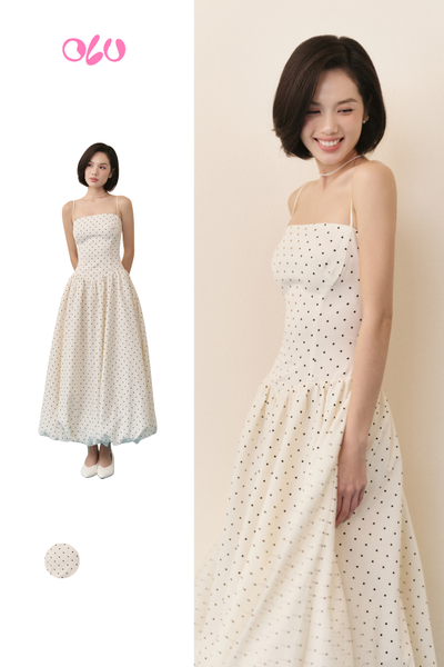  Cream Dot Strappy Maxi Dress 
