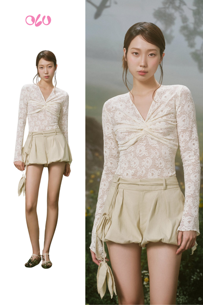  Áo Cream Fleur Lace Front Twist Long Sleeves Top 