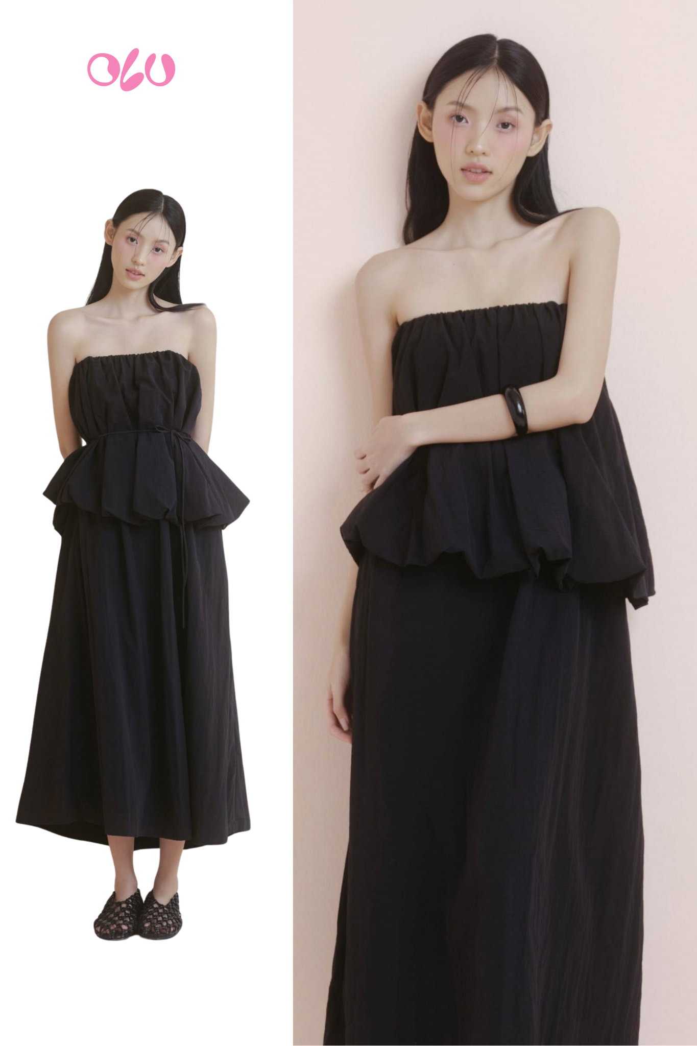 Black Pleated Peplum Cup Midi Dress