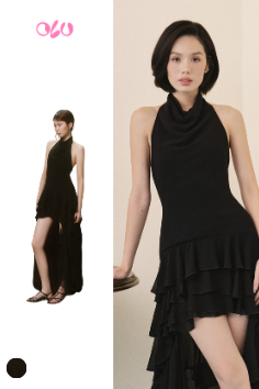  Black Ruffled High Low Hem Halter Neck Dress 