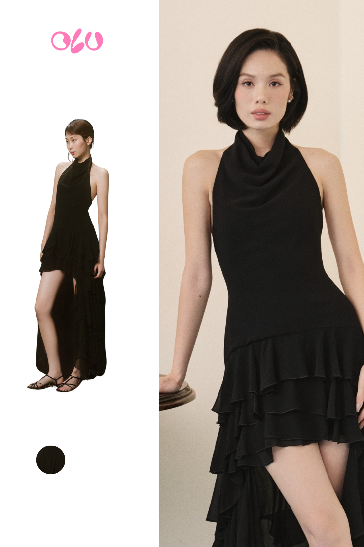 Black Ruffled High Low Hem Halter Neck Dress