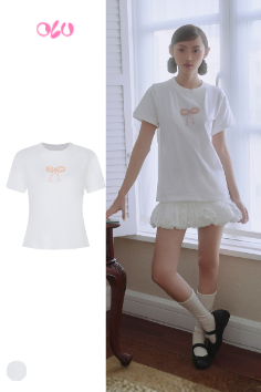  Áo White Pink Bow Cotton Short Sleeve T Shirt 