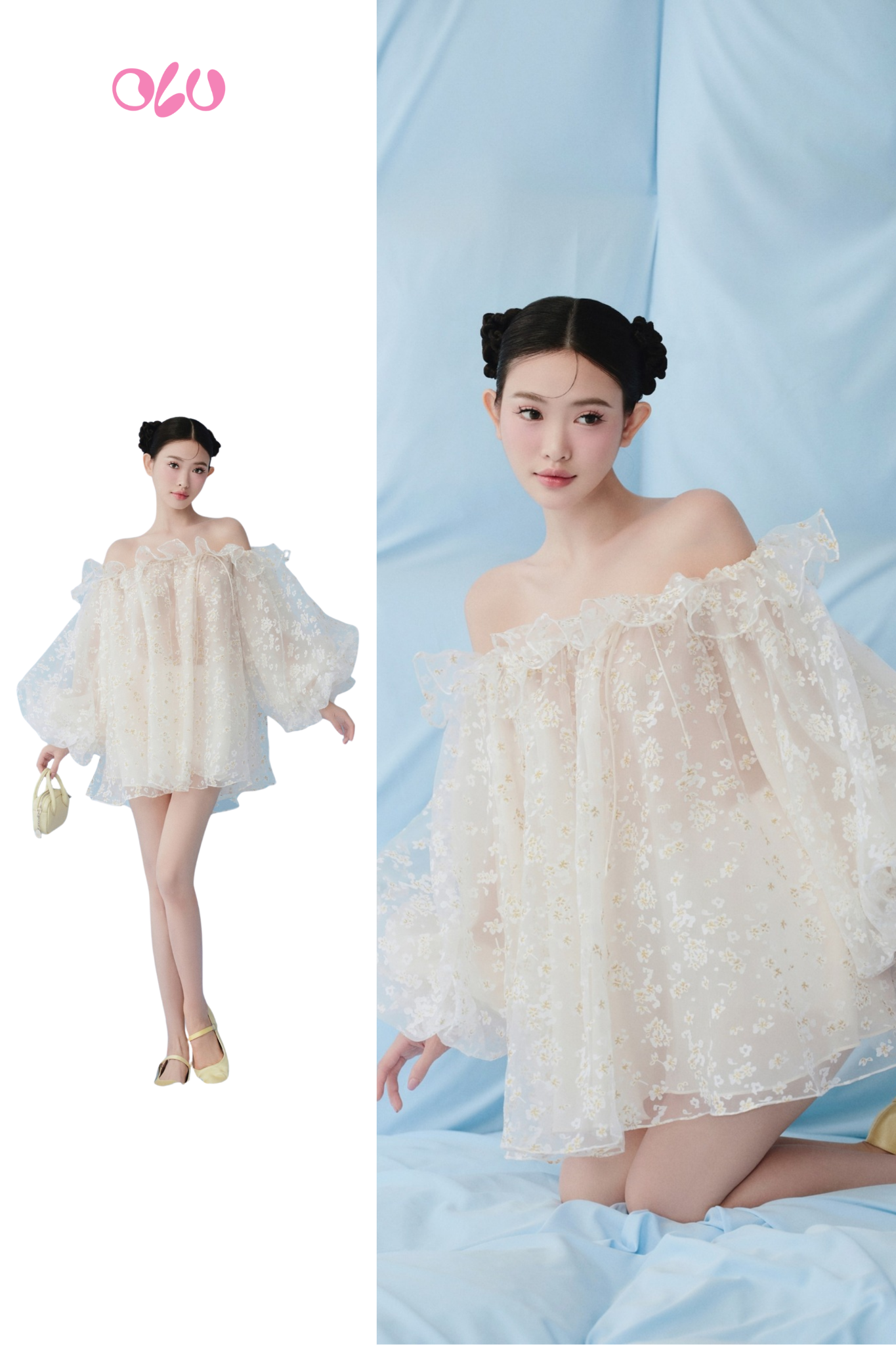 Ivory Fleur Chiffon Off Shoulder Ruffled Puff Dress
