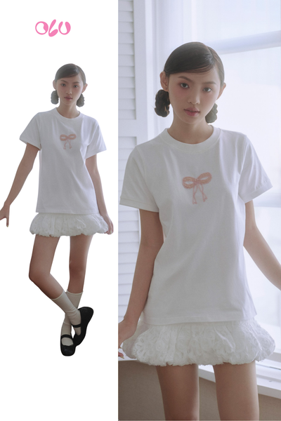  Áo White Pink Bow Cotton Short Sleeve T Shirt 