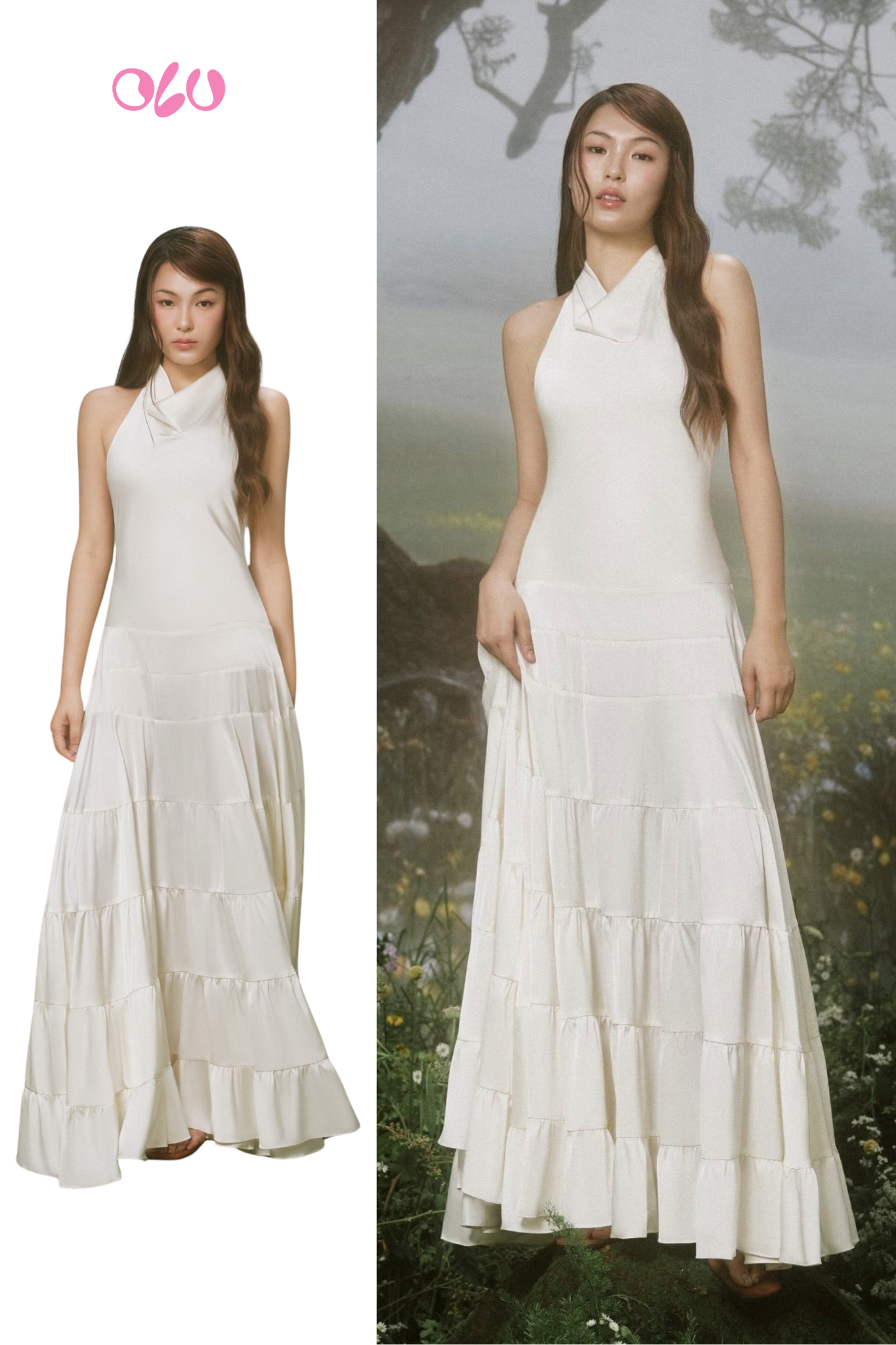 White Silky Halter Neck Tiered Dress