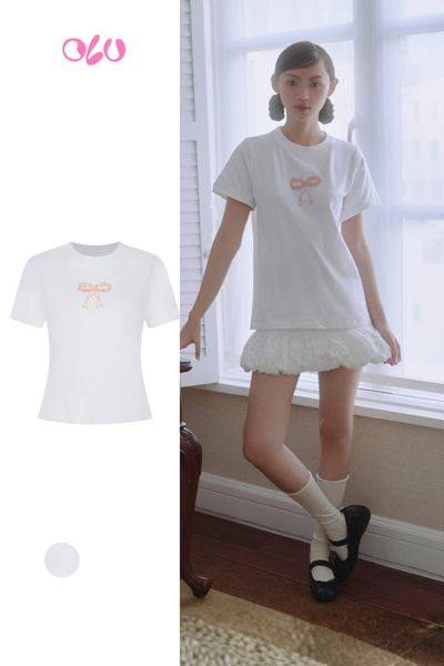  Áo White Pink Bow Cotton Short Sleeve T Shirt 