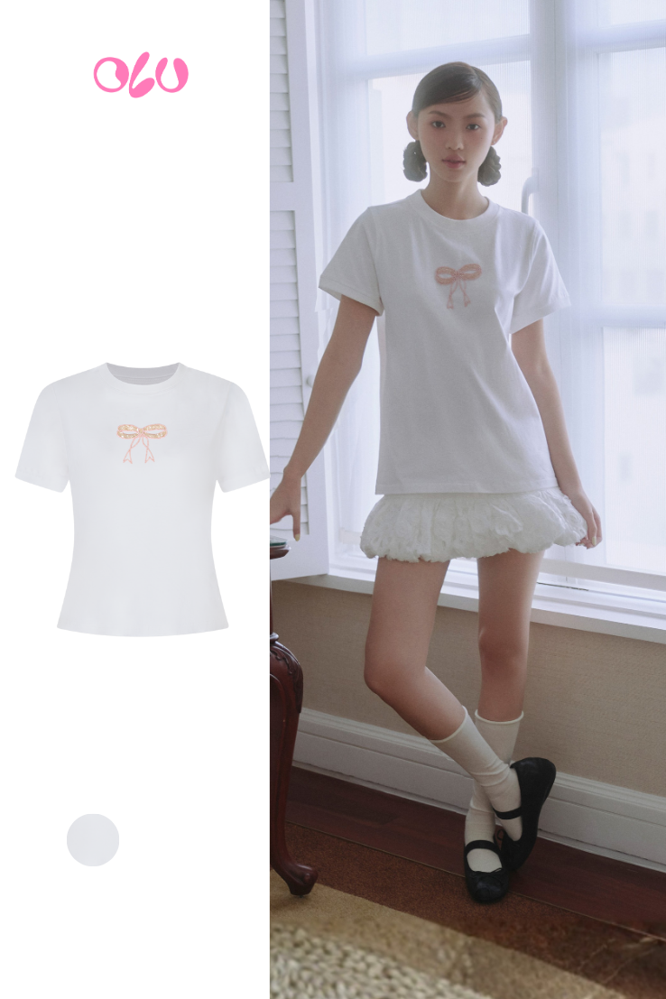 Áo White Pink Bow Cotton Short Sleeve T Shirt