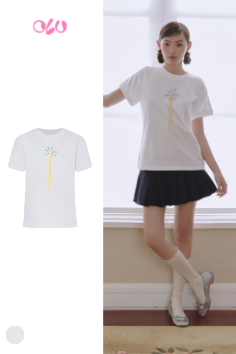 Áo White Blue Appliqué Flower Cotton Short Sleeve T Shirt