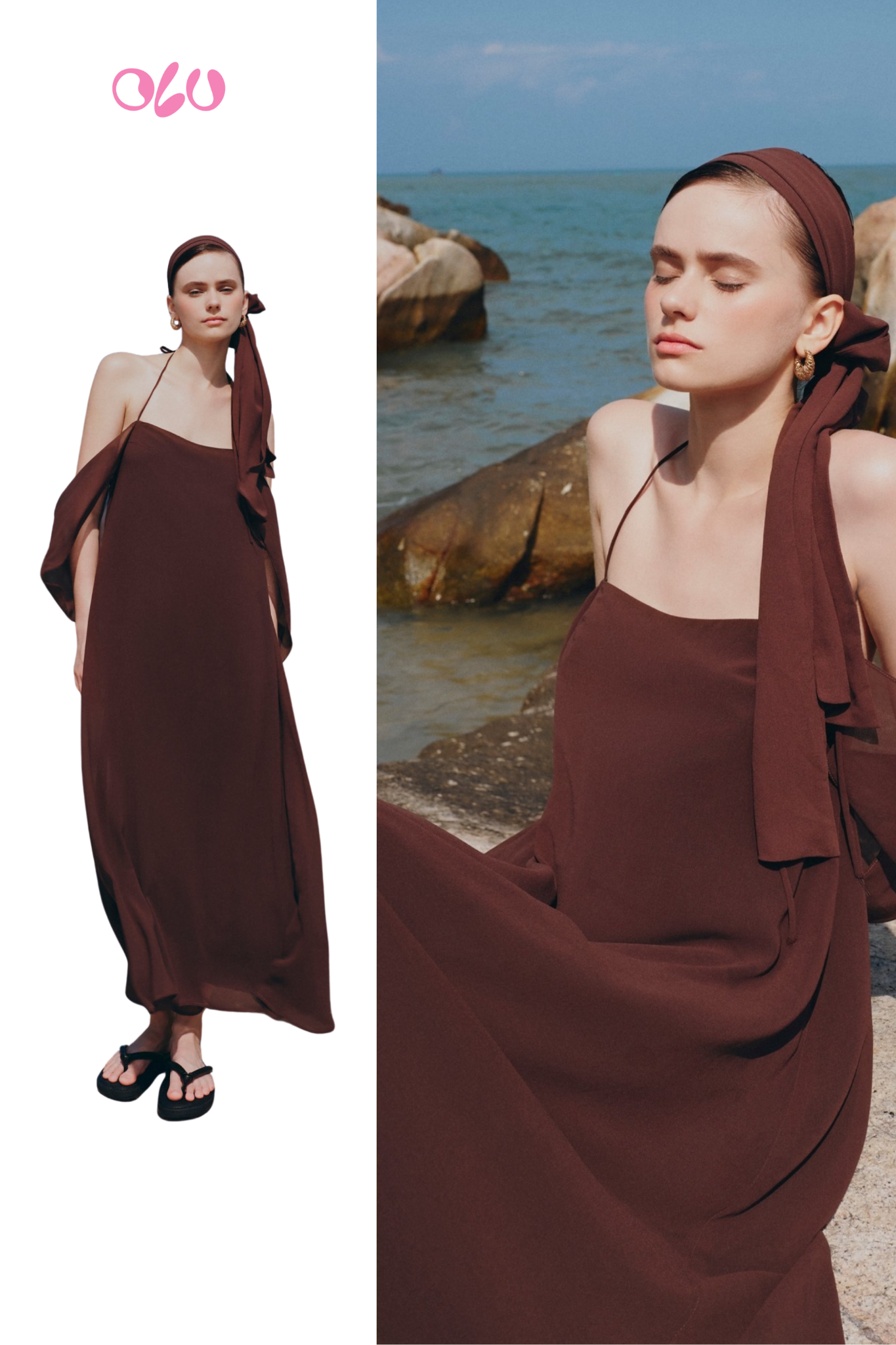 Brown Chiffon Off Shoulder Maxi Dress