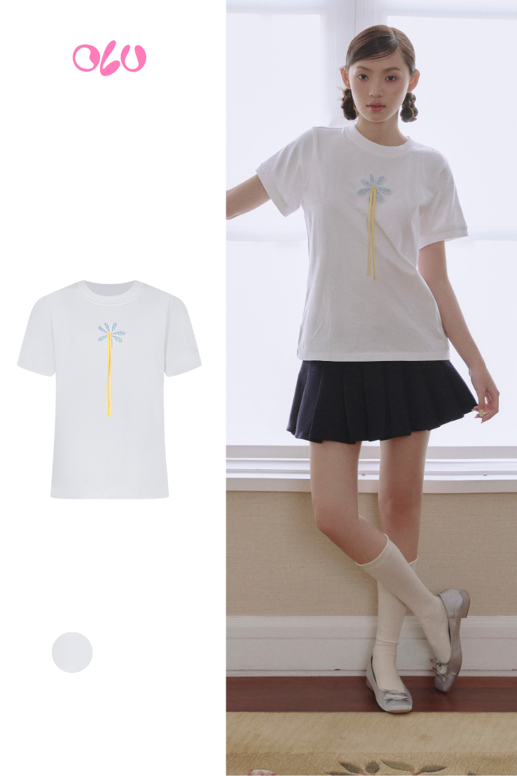 Áo White Blue Appliqué Flower Cotton Short Sleeve T Shirt