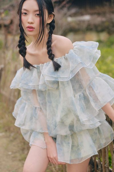  Váy hoa trễ vai Sage Green Fleur Off Shoulder Ruffle Mini Dress 