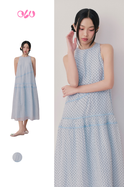  Blue Chiffon Dot Halter Neck Dress 